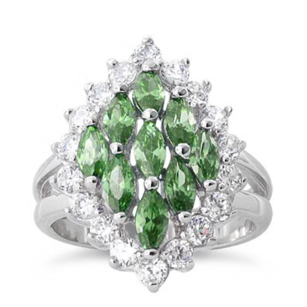 Sterling Silver Emerald Marquise Cut CZ Ring Elegant Statement Band New